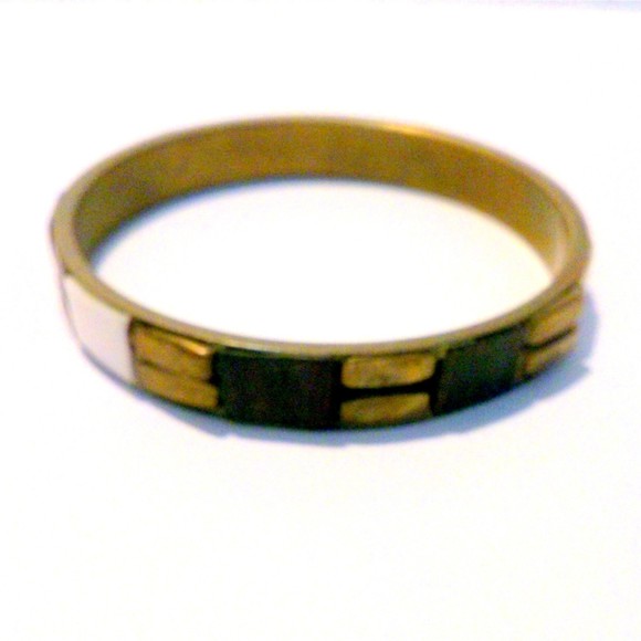 Vintage Boho Inspired Wood and Bone Inset Brass Bangle - Picture 1 of 4